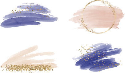 Hand drawing blue and peach watercolor brush stroke splashes with glitter confetti texture
