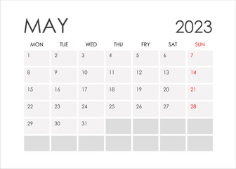 Calendar for May 2023 in a minimalistic style.Starting from Monday.