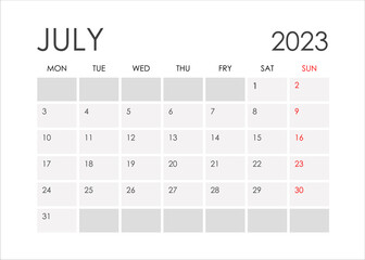 Calendar for July 2023 in a minimalistic style.Starting from Monday.
