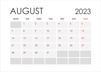 Calendar for August 2023 in a minimalistic style.Starting from Monday.