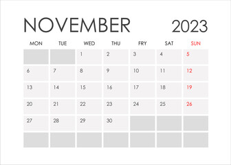 Calendar for November 2023 in a minimalistic style.Starting from Monday.