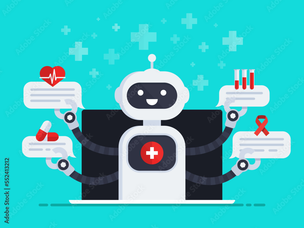 Poster medical robot vector illustration. chatbot out of screen monitor holds speech bubbles with medical i