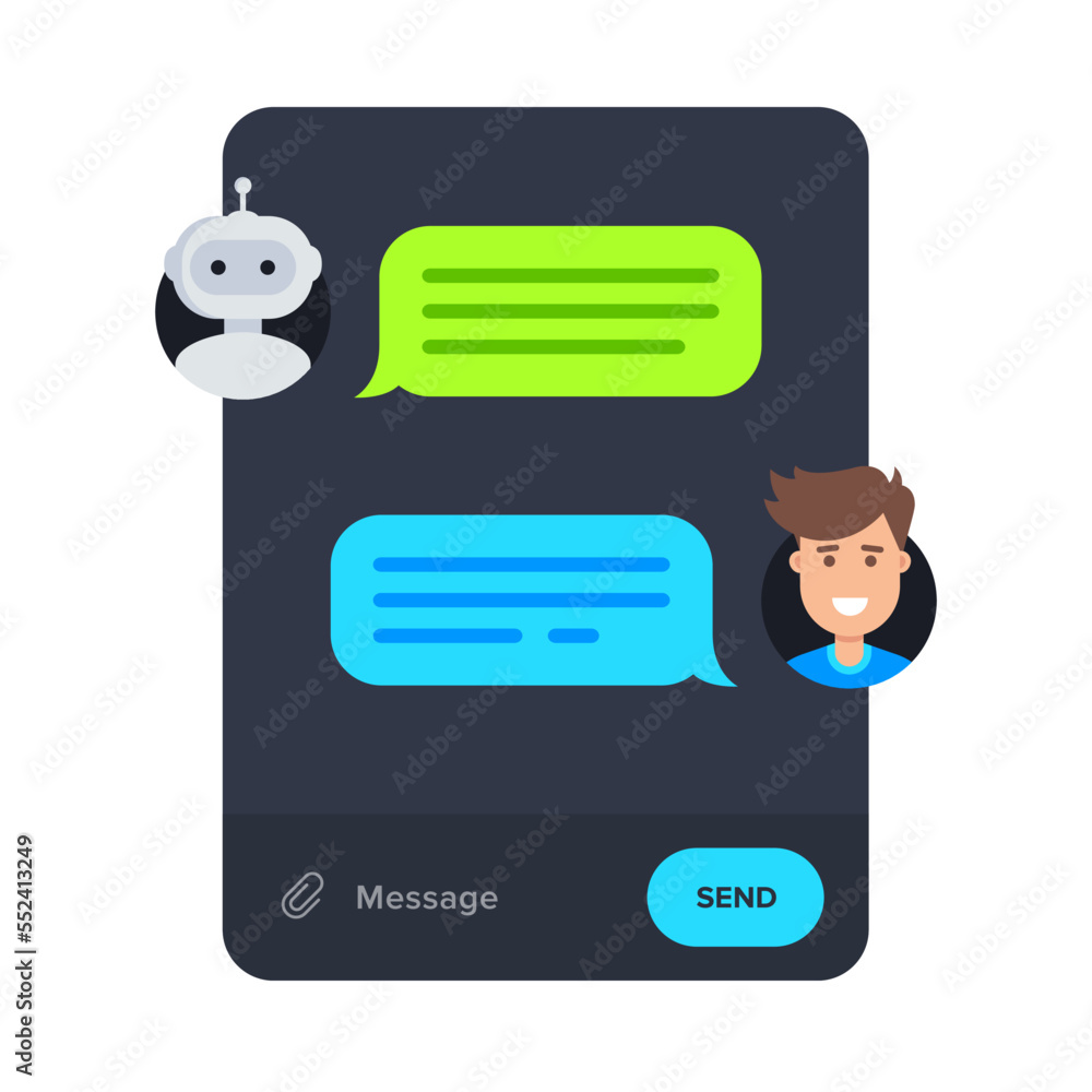 Poster chatbot concept. cartoon messenger vector design. man chatting with robot in messenger app. vector i