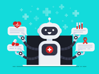 Fototapeta na wymiar Medical Robot vector illustration. ChatBot out of screen monitor holds speech bubbles with medical icons. Medical bot answers questions of patients. Vector illustration in flat design style