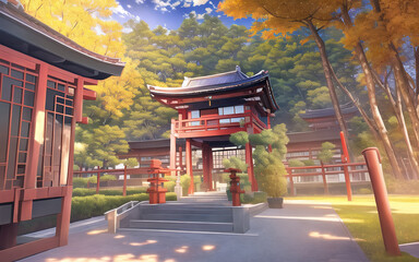 anime style autumn japanese temple chinese temple ancient landscape fall maple culture	