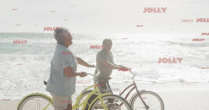 Animation of jolly texts over senior biracial couple at beach