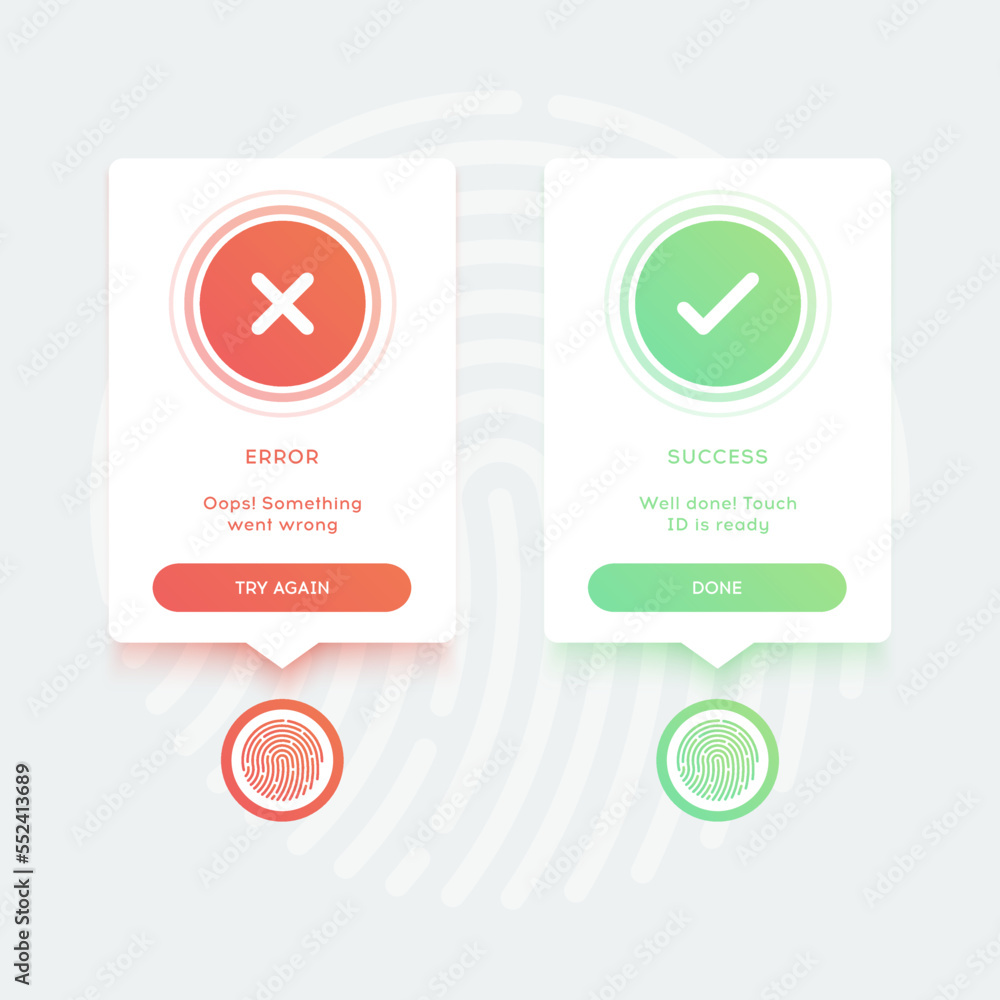 Poster pop-ups touch id access for unlock application. scanning fingerprint. error and success messages wit