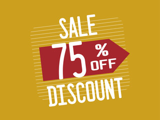 75% Off. Red discount banner with seventy-five percent. Promotion with price reduction for products