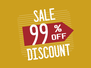 99% Off. Red discount banner with ninety-nine percent. Promotion with price reduction for products