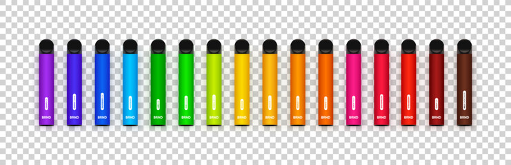 Disposable electronic cigarettes placed by the color of the rainbow. E-cigarettes in different flavours sorted by color on transparent background. Vector illustration
