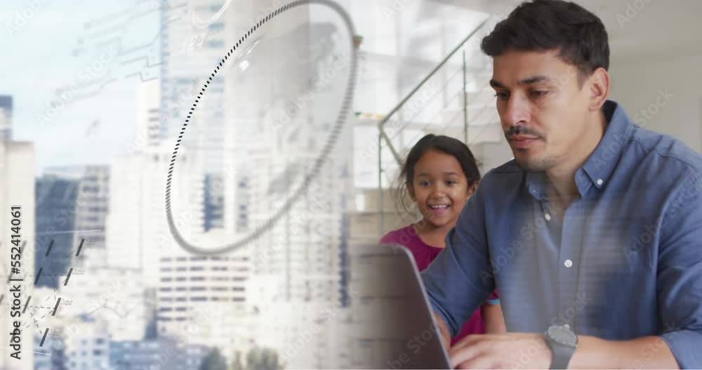 Poster animation of data processing over cityscape and diverse poeple using laptop