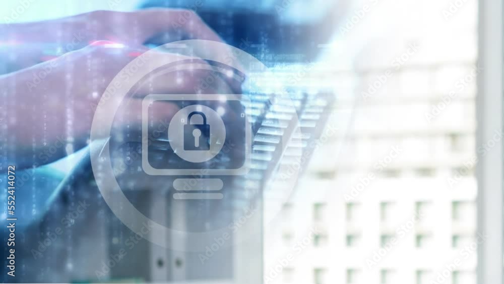 Poster animation of padlock icon and data processing over hands typing on keyboard