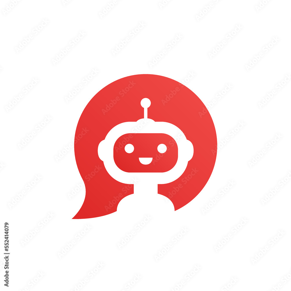 Poster robot in red speech bubble on white background. cute robot icon in speech bubble. support service bo