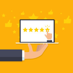 Restaurant feedback concept. Waiter's hand holds laptop with hand that gives five stars. Rating system or reputation and quality of restaurant. Vector illustration in flat style