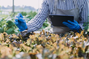 Futuristic businessman farms vegetables and crops using modern AI technology using mobile phones, temperature and humidity sensors, water tracking, climate control, holographic data data icons.