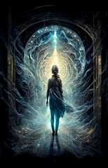 Obraz premium Woman walking in to the next dimension. Generative AI, this image is not based on any original image, character or person.