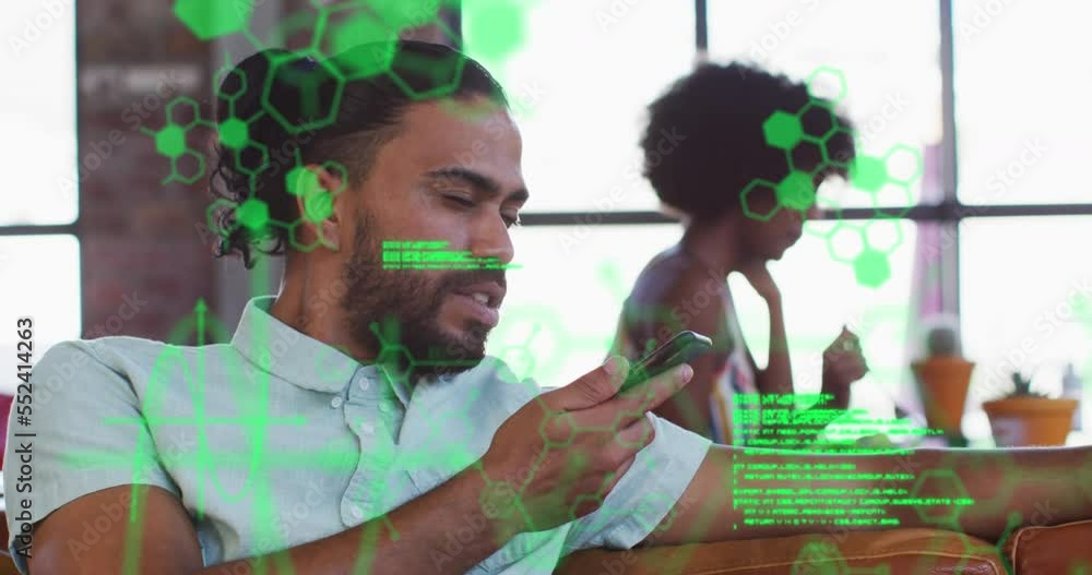 Sticker Animation of data processing over african american man using smartphone