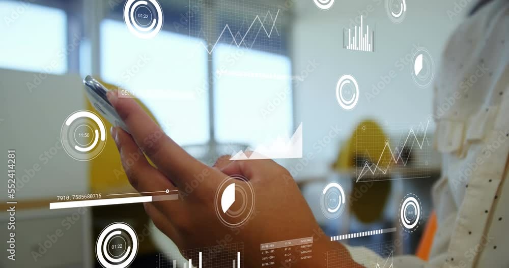 Poster animation of data processing and scope scanning over biracial businesswoman using smartphone