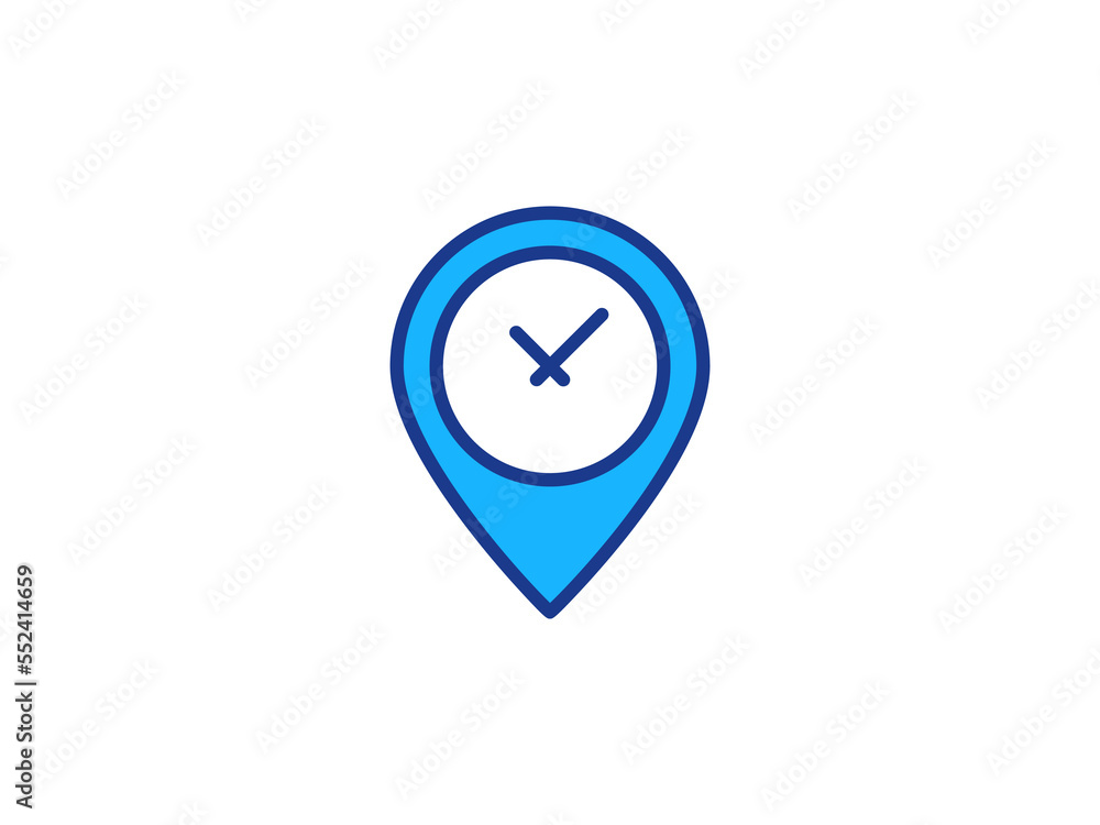 Poster time place icon. point marker with clock logo concept. delivery in time sign design. vector flat lin