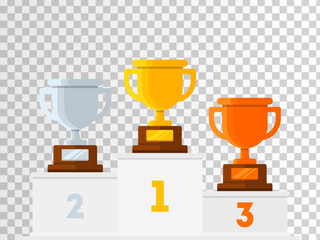 Winners podium with gold, silver and bronze trophy award cups vector illustration isolated on transparent background