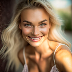 younf blonde woman smiling in summer day
