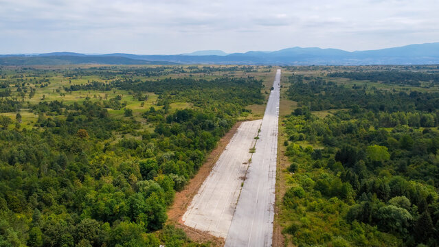 aerial view of abandoned airstrips from Željava underground air base, Croatia