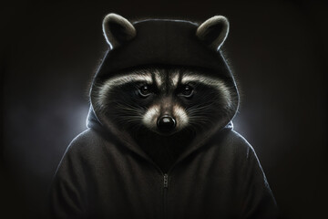 Raccoon with hoodie looking like a hacker or burglar , made with generative AI - obrazy, fototapety, plakaty