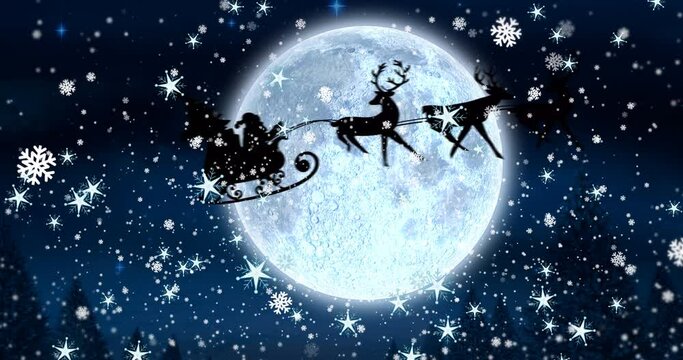 Animation of snowflakes and stars over santa sleigh over full moon