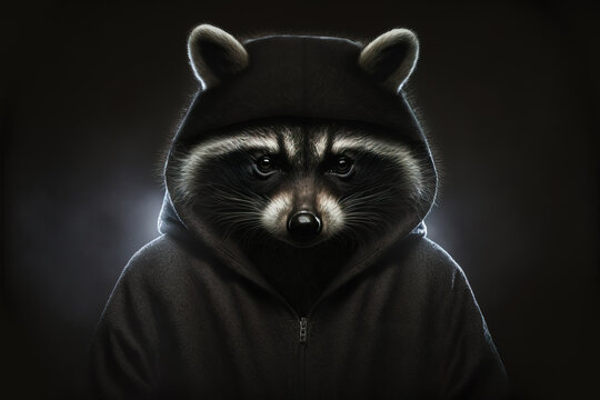 Raccoon with hoodie looking like a hacker or burglar , made with generative AI