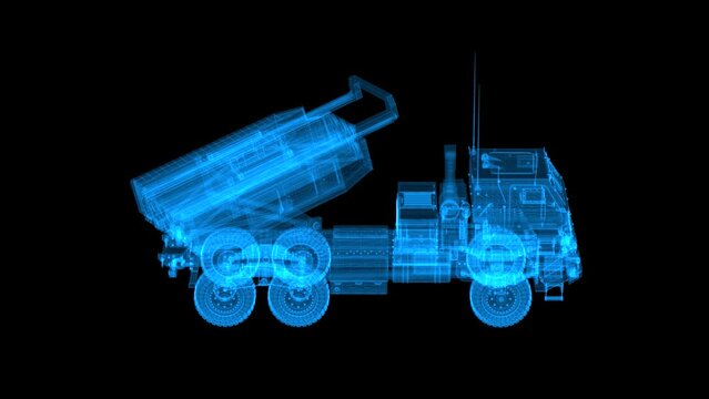 Detailed 3d render of loop rotating 360 degrees american surface-to-air missile systems hologram footages. Model MLRS M142 HIMARS. Slow motion 60 fps