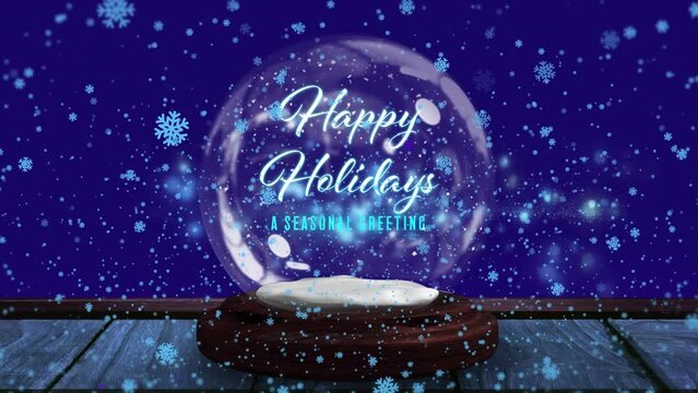 Animation of snowflakes and shooting star over snow ball on blue background