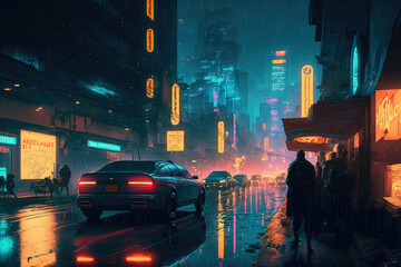 beautiful cyberpunk city which is looming at the horizon under a night, heavy rain, cars, some traffic on road, Neon signs lighting up the skyline in the background, futuristic, cyberpunk city concept