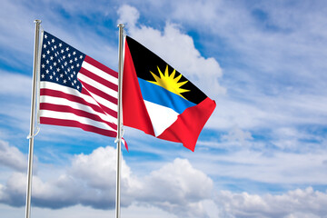 United States of America and Antigua and Barbuda flags over blue sky background. 3D illustration
