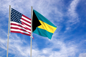 United States of America and The Bahamas flags over blue sky background. 3D illustration