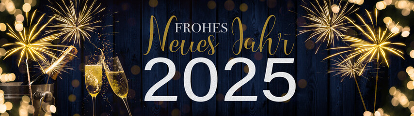 Frohes neues Jahr 2025 Silvester Neujahr Feiertag Grußkarte lang Banner Panorama  - Champagner...