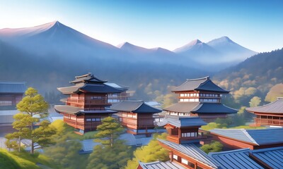 Scenic view on imaginary asian village in the mountains. Warm daylight colors. Anime style digital illustration.