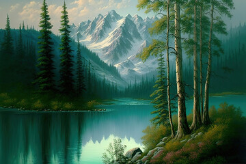 nature landscape, a lake surrounded by mountains and trees, naturalism, sense of awe, art illustration