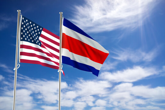 United States of America and Costa Rica flags over blue sky background. 3D illustration