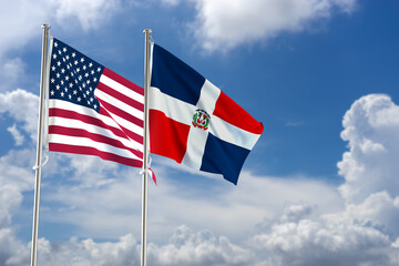United States of America and Dominican Republic flags over blue sky background. 3D illustration