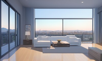 Concept of modern living room during day with furniture and big windows, view on town in the background. Anime style digital illustration.