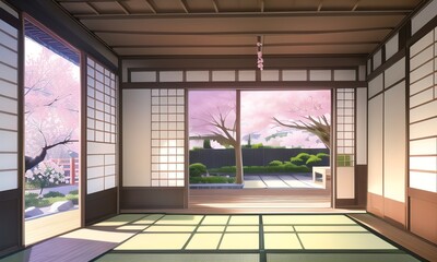 Beautiful traditional japanese living room with sliding doors opened. Garden with cherry blossom visible in the background. Anime style digital illustration.