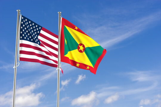 United States of America and Grenada flags over blue sky background. 3D illustration