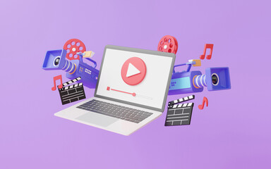 Computer laptop streaming playing video with movie camera clapper board floating with entertainment media creative professional, minimal cartoon, internet, banner, copy space, 3d render illustration