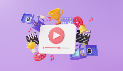 3d render streaming playing video multimedia with movie camera floating with trophy cup award idea entertainment media creative professional, clapper board elements, internet. illustration