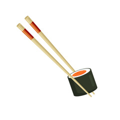 Salmon sushi roll. Chopsticks holding Japanese fish dish. Traditional Asian sea food. Restaurant poster. Vector illustration in trendy flat style isolated on white background.