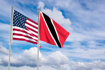 United States of America and Republic of Honduras flags over blue sky background. 3D illustration