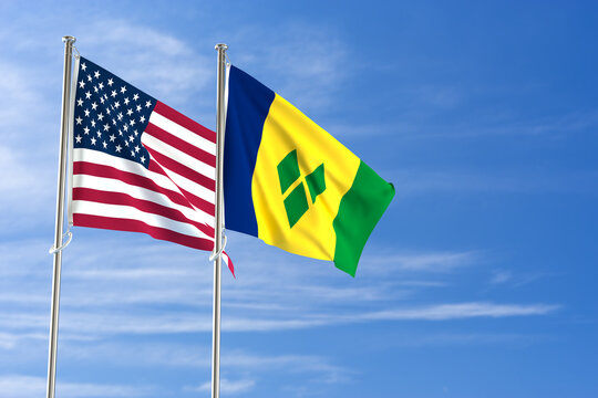 United States of America and Saint Vincent and the Grenadines flags over blue sky background. 3D illustration