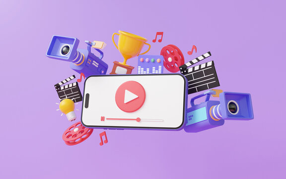 Mobile phone modern streaming playing video with movie camera floating with trophy cup award idea entertainment media creative professional, clapper board elements ,internet ,copy space, 3d rendering