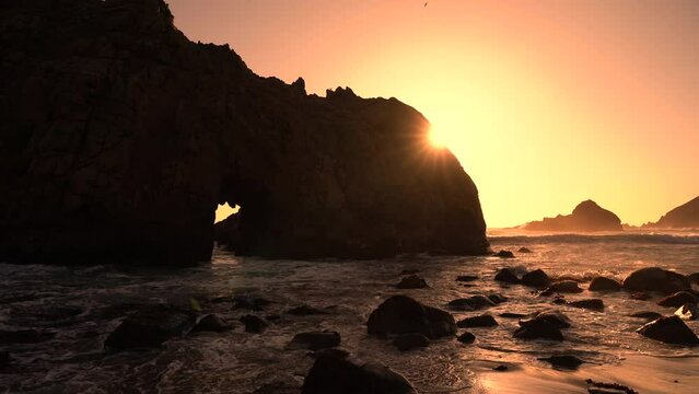 Big Sur Pfeiffer Beach Keyhole Arch Sunset Waves California USA