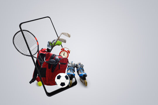 Fitness, training and workout app: sports equipment and icons on a touch screen smartphone.